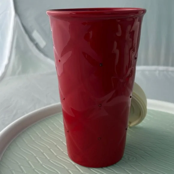 Starbucks RED QUILTED Valentine Swarovski Crystal Ceramic Travel Cup 10 Oz 2016